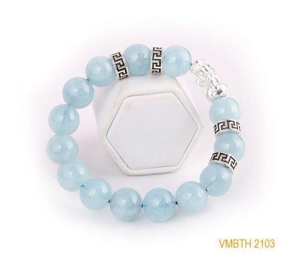 Vòng Tay Đá Aquamarine 12ly Mix Charm Tỳ Hưu Bạc